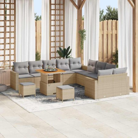 vidaXL Set di divani da giardino 13 pezzi con cuscini beige in rattan sintetico e legno di acacia