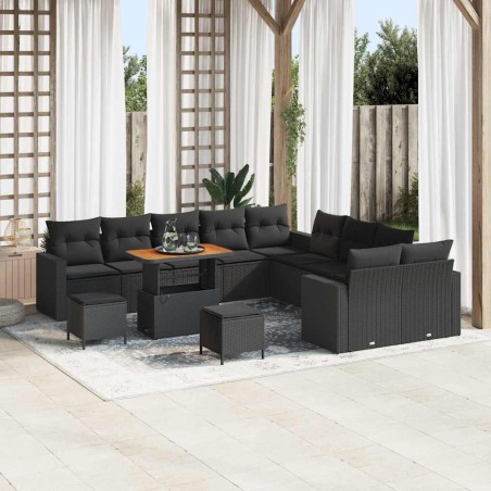 vidaXL Set di divani da giardino da 13 pezzi con cuscini in rattan sintetico nero e legno d'acacia