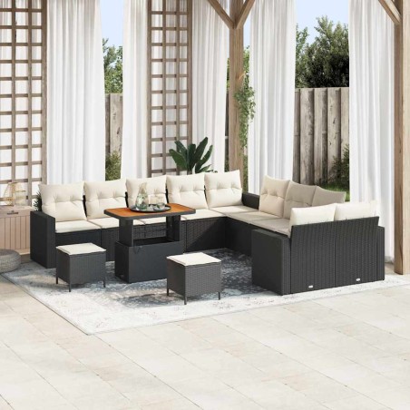 vidaXL Set di divani da giardino con 13 pezzi e cuscini in rattan sintetico nero e acacia.