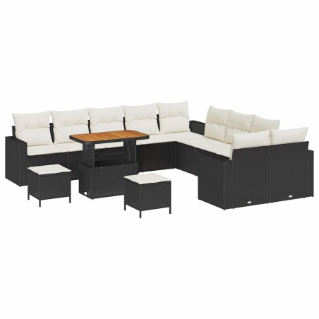 vidaXL Set di divani da giardino con 13 pezzi e cuscini in rattan sintetico nero e acacia.
