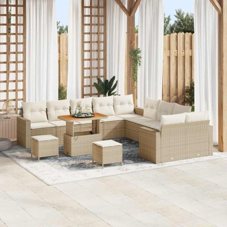 vidaXL Set da giardino di 13 pezzi con cuscini in rattan beige e struttura in acacia.