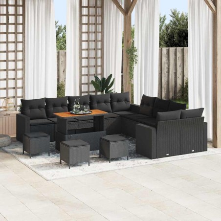 vidaXL Set divano da giardino di 14 pezzi con cuscini neri in rattan sintetico e acacia.