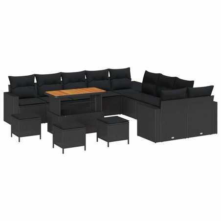 vidaXL Set divano da giardino di 14 pezzi con cuscini neri in rattan sintetico e acacia.