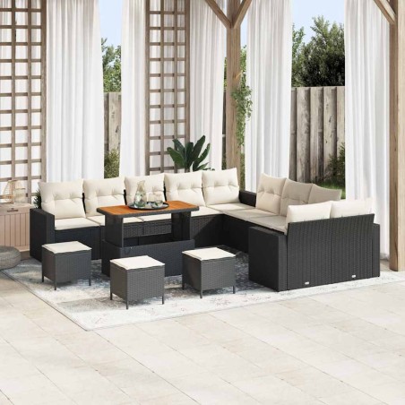 vidaXL Set Divano da Giardino di 14 Pezzi con Cuscini in Rattan Nero e Acacia