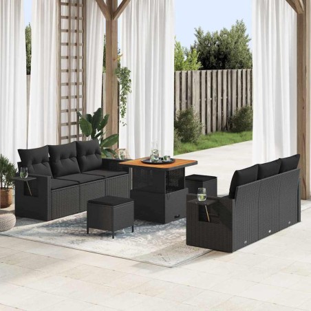 vidaXL Set di divani da giardino a 9 pezzi con cuscini in rattan poliestere nero e struttura in acacia.