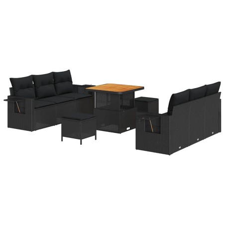 vidaXL Set di divani da giardino a 9 pezzi con cuscini in rattan poliestere nero e struttura in acacia.