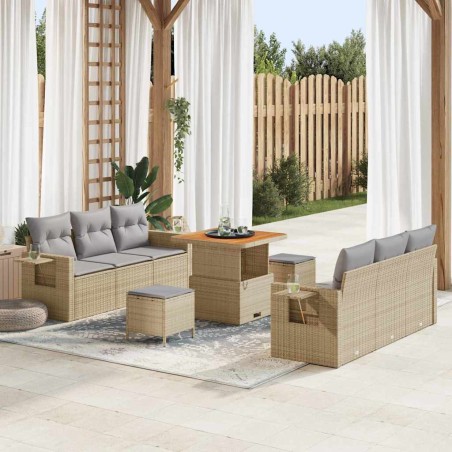 vidaXL Set da giardino 9 pezzi con cuscini beige in rattan sintetico e acacia.
