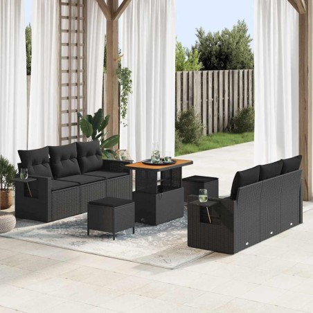 vidaXL Set di divani da giardino a 9 pezzi con cuscini neri in rattan sintetico e legno di acacia.