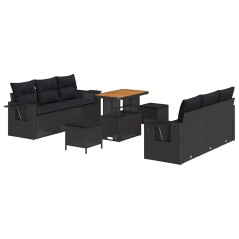vidaXL Set di divani da giardino a 9 pezzi con cuscini neri in rattan sintetico e legno di acacia.