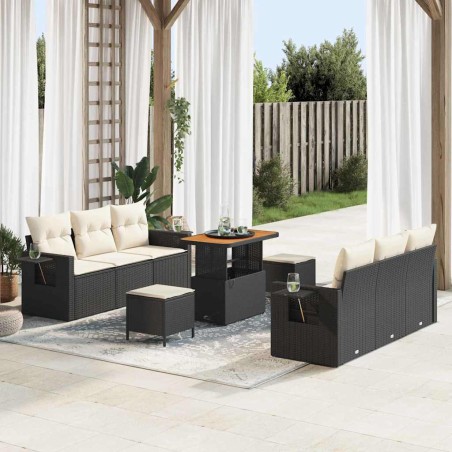 vidaXL Set di divani da giardino a 9 pezzi con cuscini, realizzati in rattan sintetico nero e acacia.