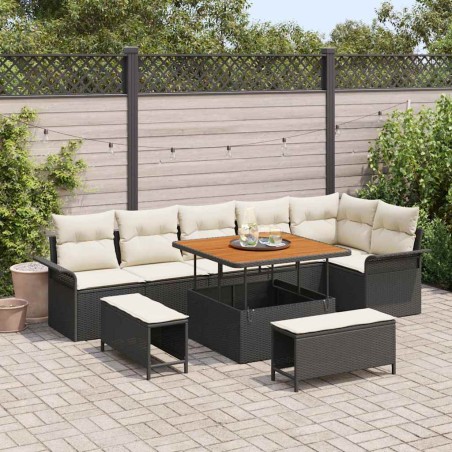 vidaXL Set di divani da giardino a 9 pezzi con cuscini neri in polirattan e acacia