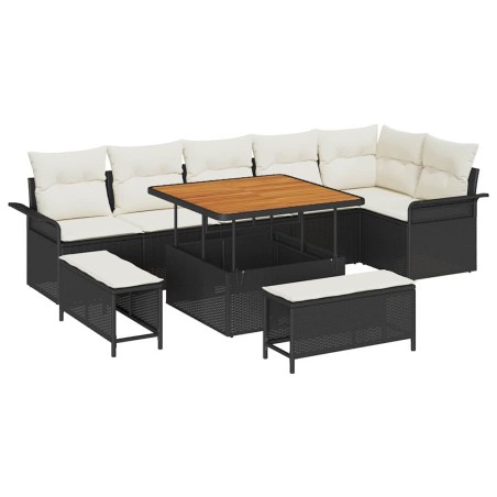 vidaXL Set di divani da giardino a 9 pezzi con cuscini neri in polirattan e acacia