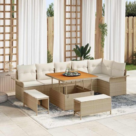 vidaXL Set di sofa da giardino da 9 pezzi con cuscini beige in polyrattan e legno d'acacia