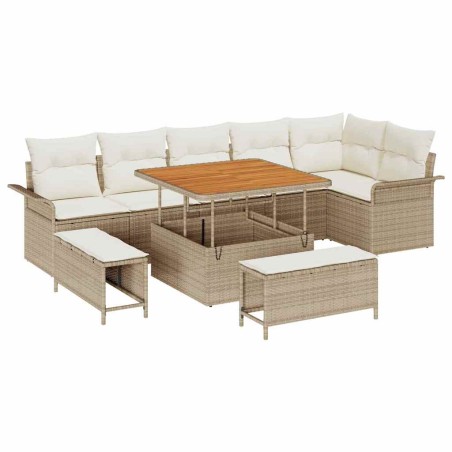 vidaXL Set di sofa da giardino da 9 pezzi con cuscini beige in polyrattan e legno d'acacia