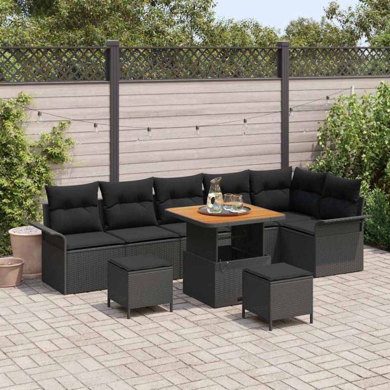 vidaXL Set di divano da giardino in rattan sintetico nero con cuscini. 9 pezzi.