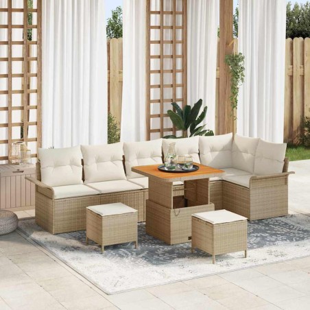 vidaXL Set da Giardino di 9 Pezzi con Cuscini Beige in Rattan Sintetico e Acacia