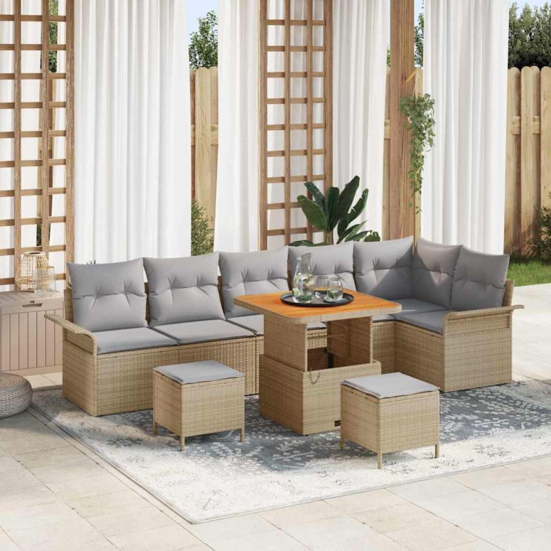 vidaXL Set da giardino di 9 pezzi con cuscini in polirattan beige e acacia. vidaXL Set da giardino di 9 pezzi con cuscini in polirattan beige e acacia.