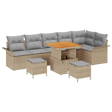 vidaXL Set da giardino di 9 pezzi con cuscini in polirattan beige e acacia.