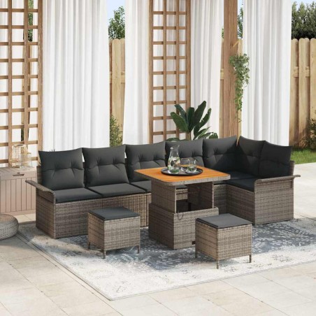 vidaXL Set da Giardino 9 Pezzi con Cuscini Grigi in Polyrattan e Acacia