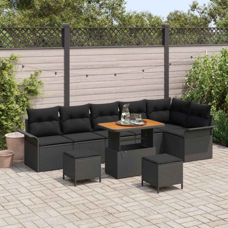 vidaXL Set di divani da giardino in 9 pezzi con cuscini in rattan nero e legno di acacia