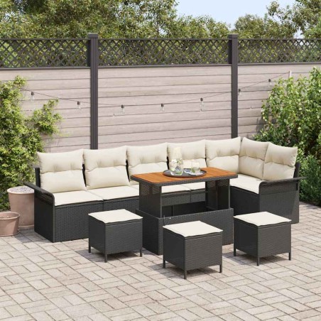 vidaXL Set da giardino in 10 pezzi con cuscini, in rattan poliestere nero e legno di acacia.