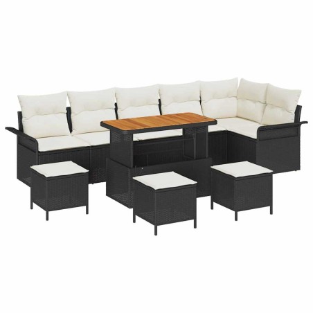 vidaXL Set da giardino in 10 pezzi con cuscini, in rattan poliestere nero e legno di acacia.