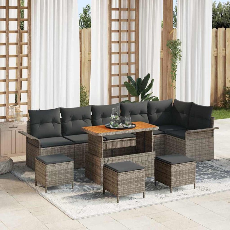 vidaXL Set Divano da Giardino 10 Pezzi con Cuscini Grigio in Rattan Sintetico e Acacia