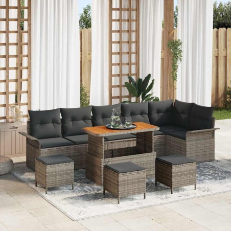 vidaXL Set Divano da Giardino 10 Pezzi con Cuscini Grigio in Rattan Sintetico e Acacia
