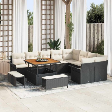 vidaXL Set di divani da giardino da 12 pezzi con cuscini neri in rattan sintetico e legno di acacia.