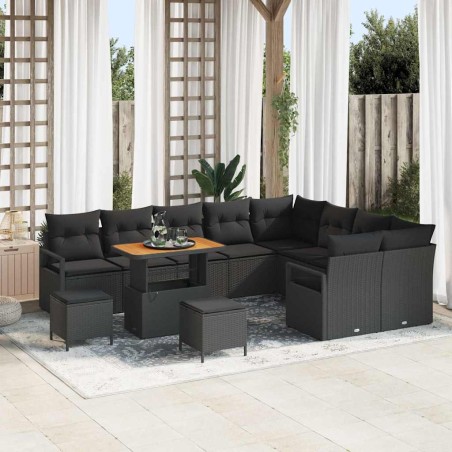 vidaXL Set Divano da Giardino 12 Pezzi con Cuscini in Rattan Sintetico Nero e Acacia