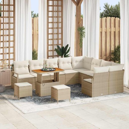 vidaXL Set di divani da giardino in 12 pezzi con cuscini beige, realizzati in polirattan e legno di acacia.