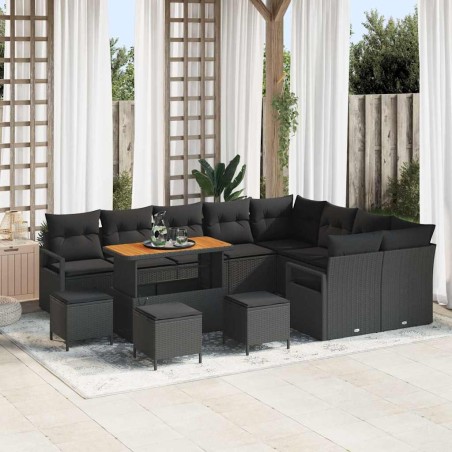 vidaXL Set Divano da Giardino a 13 Pezzi in Rattan Nero e Legno di Acacia con Cuscini