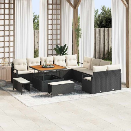 Set di divani da giardino vidaXL di 13 pezzi con cuscini in polyrattan nero e acacia