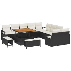 Set di divani da giardino vidaXL di 13 pezzi con cuscini in polyrattan nero e acacia