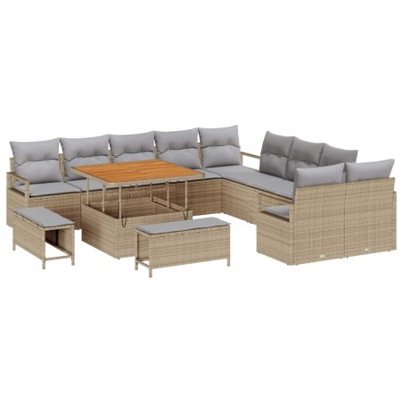 vidaXL Set di divani da giardino da 13 pezzi con cuscini in rattan polimerico beige e legno di acacia