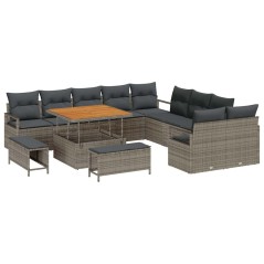 vidaXL Set da giardino di 13 pezzi con cuscini in grigio poly rattan e acacia.
