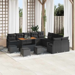 vidaXL Set di giardino di 14 pezzi con cuscini in rattan sintetico nero e acacia