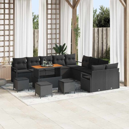 vidaXL Set di giardino di 14 pezzi con cuscini in rattan sintetico nero e acacia