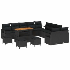 vidaXL Set di giardino di 14 pezzi con cuscini in rattan sintetico nero e acacia