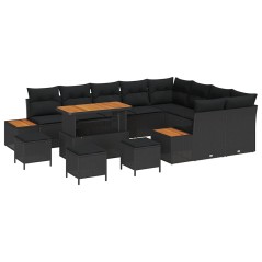 vidaXL Set da giardino di 13 pezzi con cuscini in rattan nero e acacia