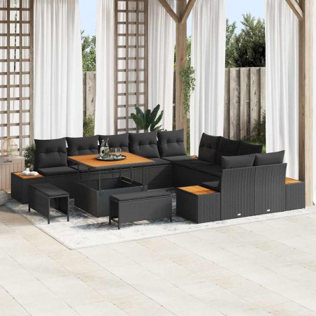 vidaXL Set da Giardino 13 Pezzi con Cuscini Neri in Rattan Plastico e Acacia