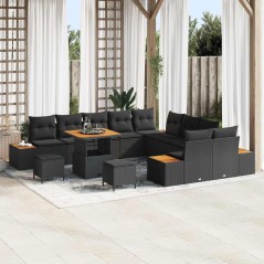 vidaXL Set Divano da Giardino da 13 Pezzi con Cuscini Neri in Rattan Plastico e Acacia