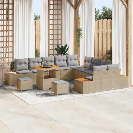 vidaXL Set di divani da giardino 13 pezzi con cuscini beige in rattan sintetico e acacia