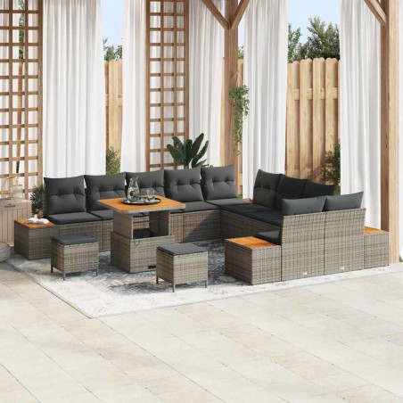 vidaXL Set Divano da Giardino da 13 Pezzi con Cuscini Grigi in Rattan Sintetico e Acacia.