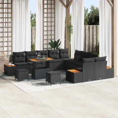 vidaXL Set Divano da Giardino da 13 Pezzi con Cuscini Nero in Poly Rattan e Acacia