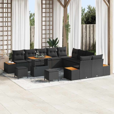 vidaXL Set Divano da Giardino da 13 Pezzi con Cuscini Nero in Poly Rattan e Acacia