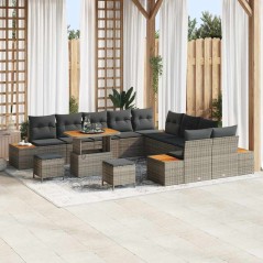 vidaXL Set Divano da Giardino da 13 Pezzi con Cuscini Grigi in Poly Rattan e Legno di Acacia