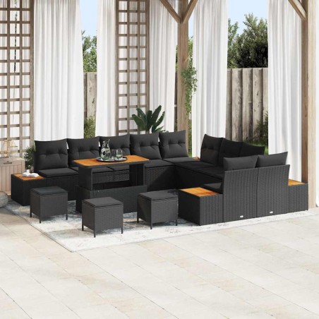 vidaXL Set di Sofà da Giardino da 14 Pezzi con Cuscini in Rattan Sintetico Nero e Acacia
