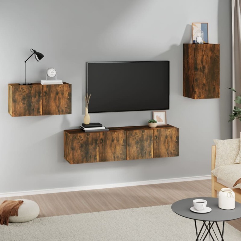 Set di Mobili Porta TV 4 pz Rovere Fumo in Legno Multistrato Set di Mobili Porta TV 4 pz Rovere Fumo in Legno Multistrato