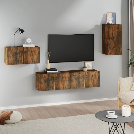 Set di Mobili Porta TV 4 pz Rovere Fumo in Legno Multistrato